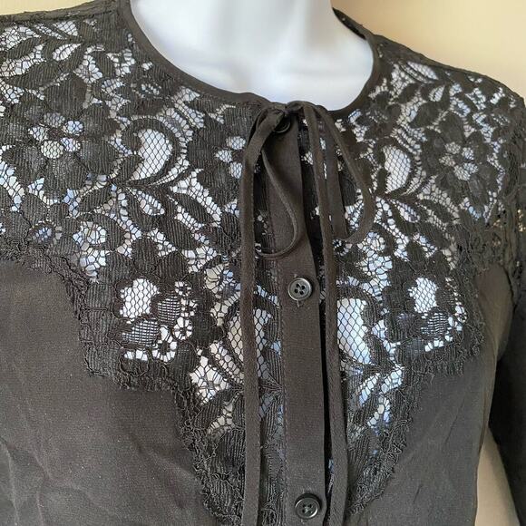 REBECCA TAYLOR Blouse Silk Lace Button Up Tie Black 0 - Picture 5 of 9